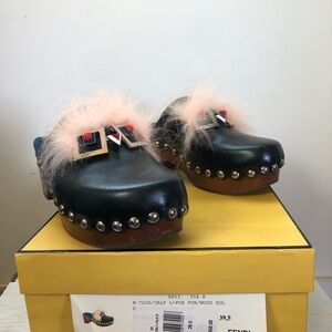 Fendi Black Clogs with Pink Fur Trim